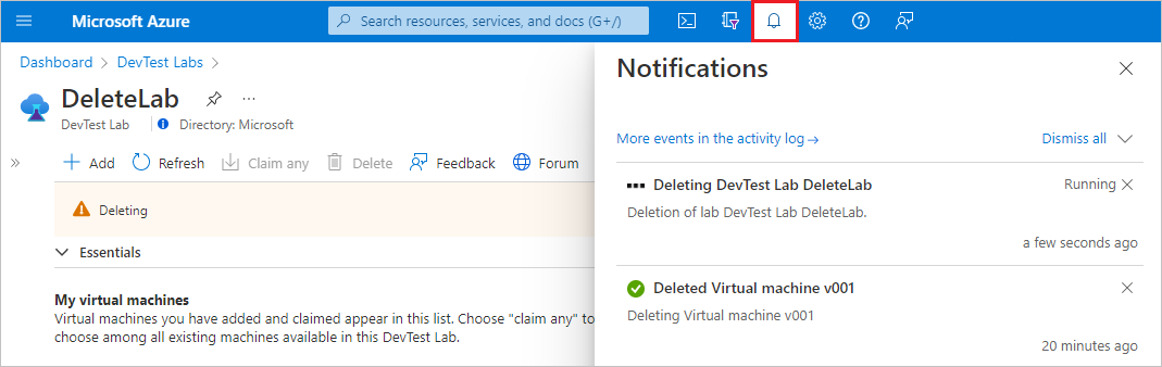 Screenshot dell'icona Notifiche nella barra dei menu di Azure.