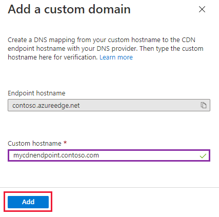Screenshot della pagina Aggiungi dominio personalizzato per l’endpoint della rete CDN.