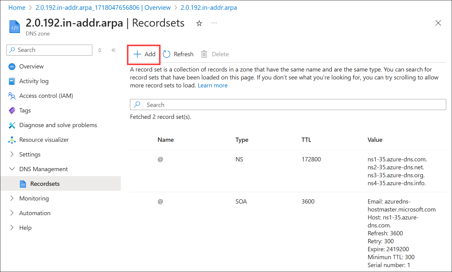 Screenshot di come aggiungere un record DNS inverso IPv4 a una zona DNS.