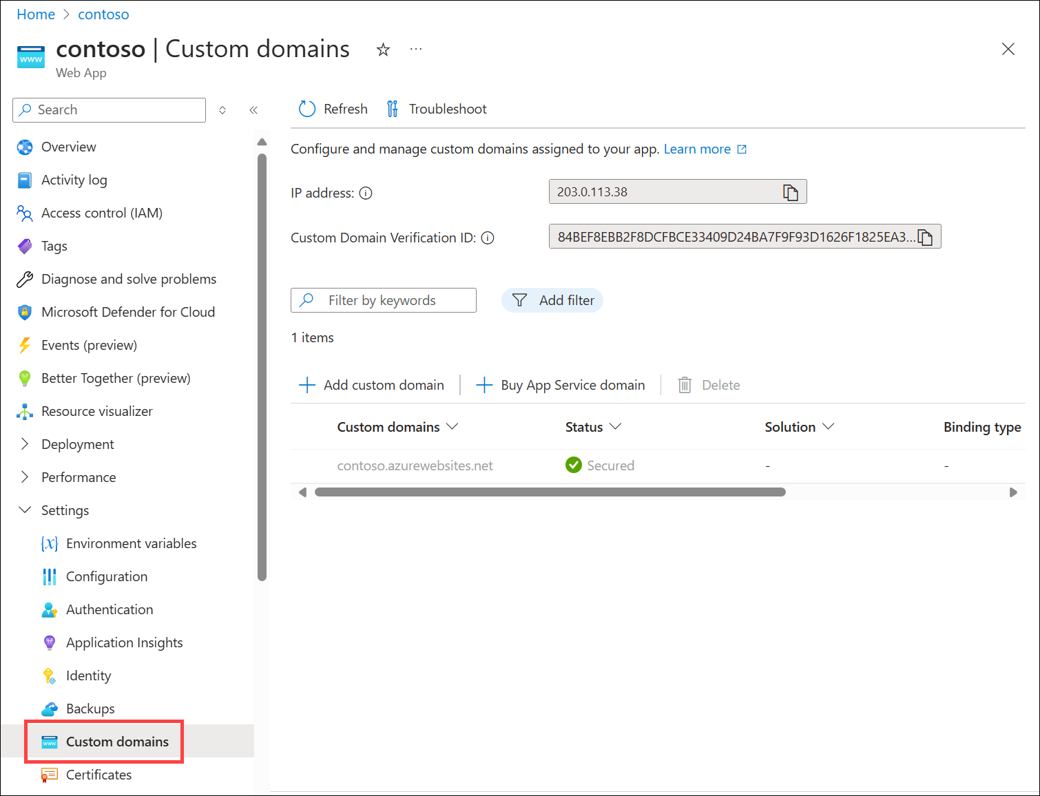 Screenshot della pagina Domini personalizzati del servizio app di Azure che mostra l'indirizzo IP dell'applicazione Web.