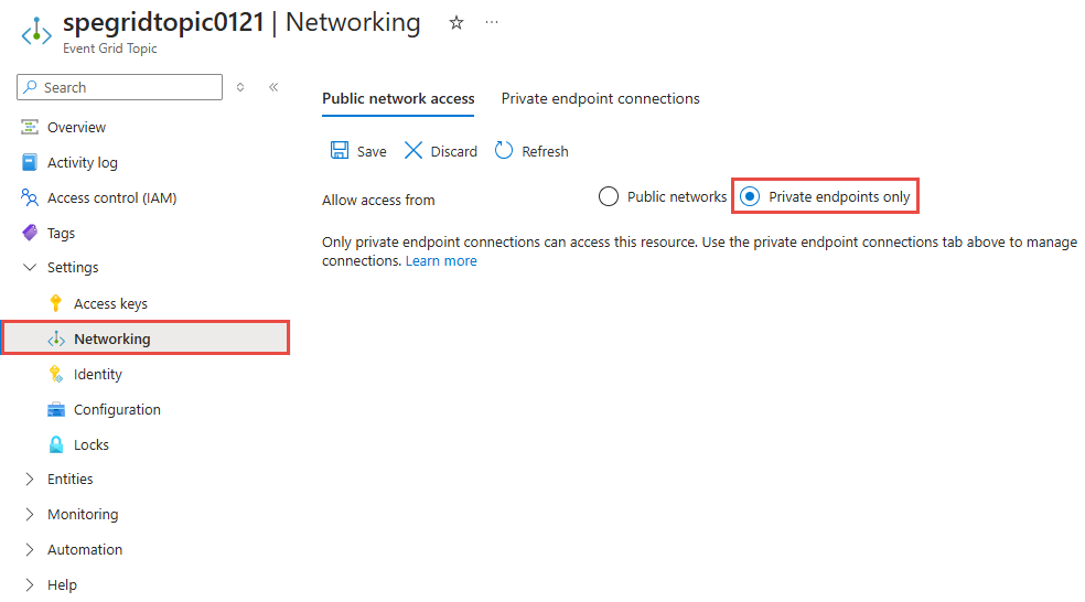 Screenshot that shows the Public network access page with Private endpoints only option selected.