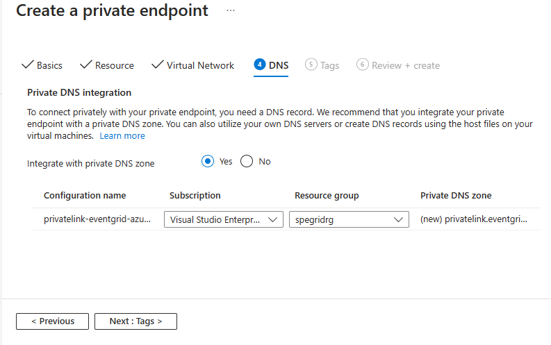 Screenshot che mostra la pagina DNS della creazione guidata di un endpoint privato.