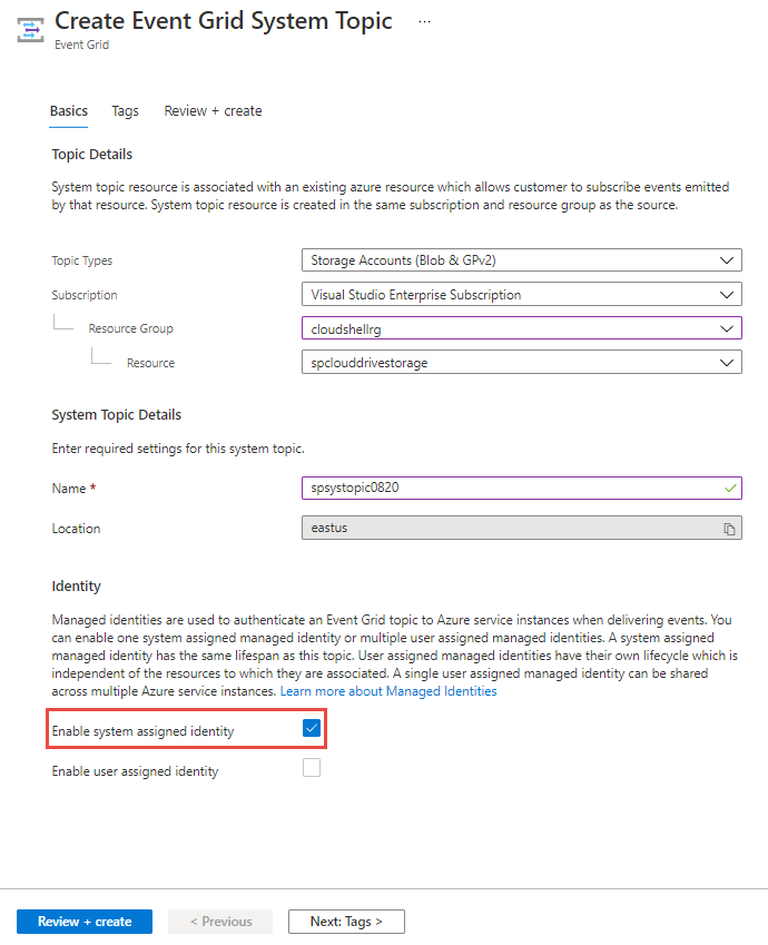 Image showing the screenshot of system topic creation wizard with system assigned identity option selected.