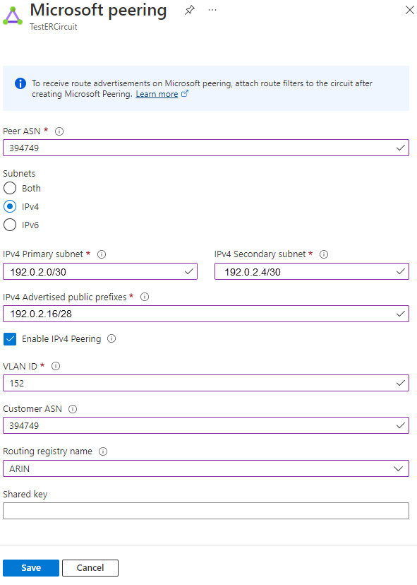 Screenshot che mostra la configurazione del peering Microsoft.