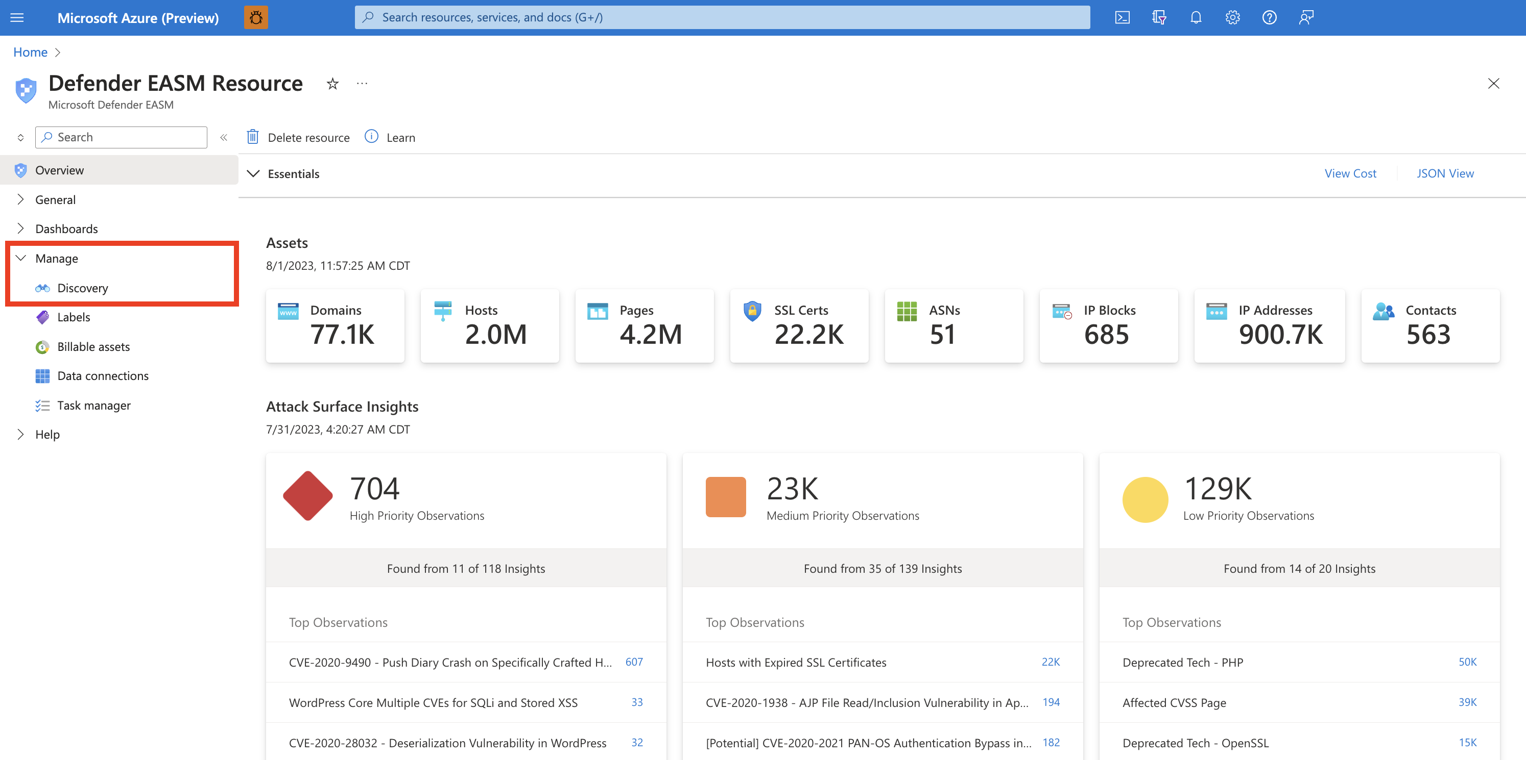 Screenshot of EASM instance from overview page with manage section highlighted