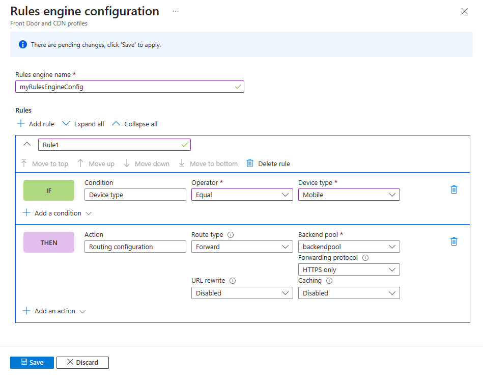 Screenshot della pagina di configurazione del motore regole con una singola regola.