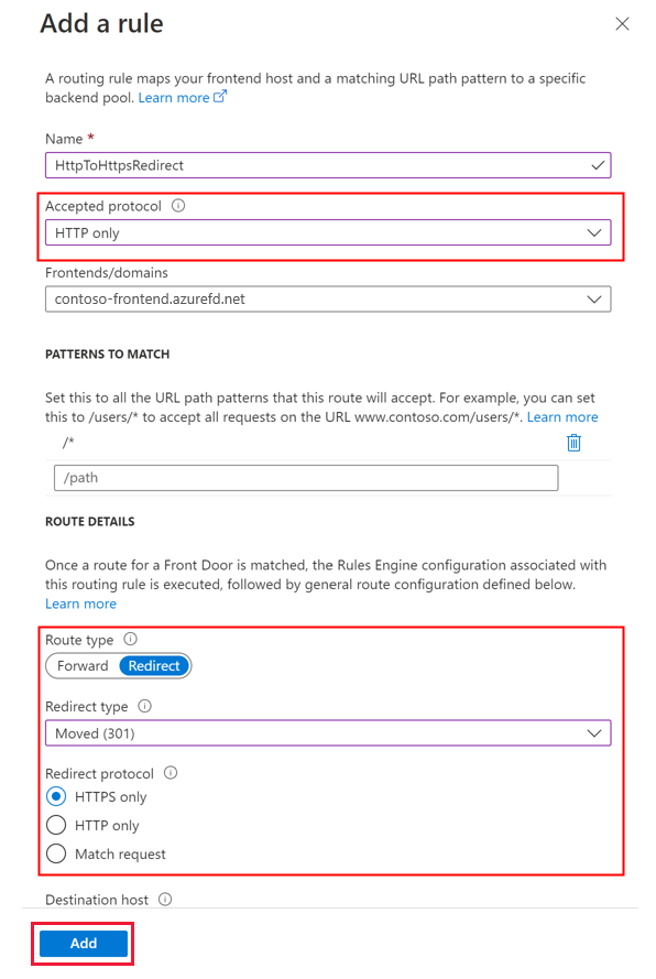 Screenshot dell'aggiunta di una route di reindirizzamento HTTP a HTTPS.