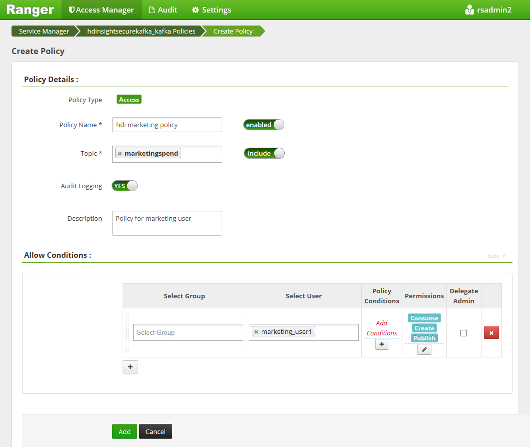 Screenshot che mostra l'interfaccia utente di amministrazione di Apache Ranger Create Policy 2.