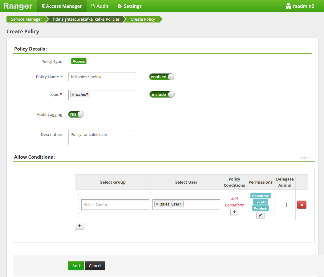 Screenshot che mostra l'interfaccia utente di amministrazione di Apache Ranger Create Policy 1.