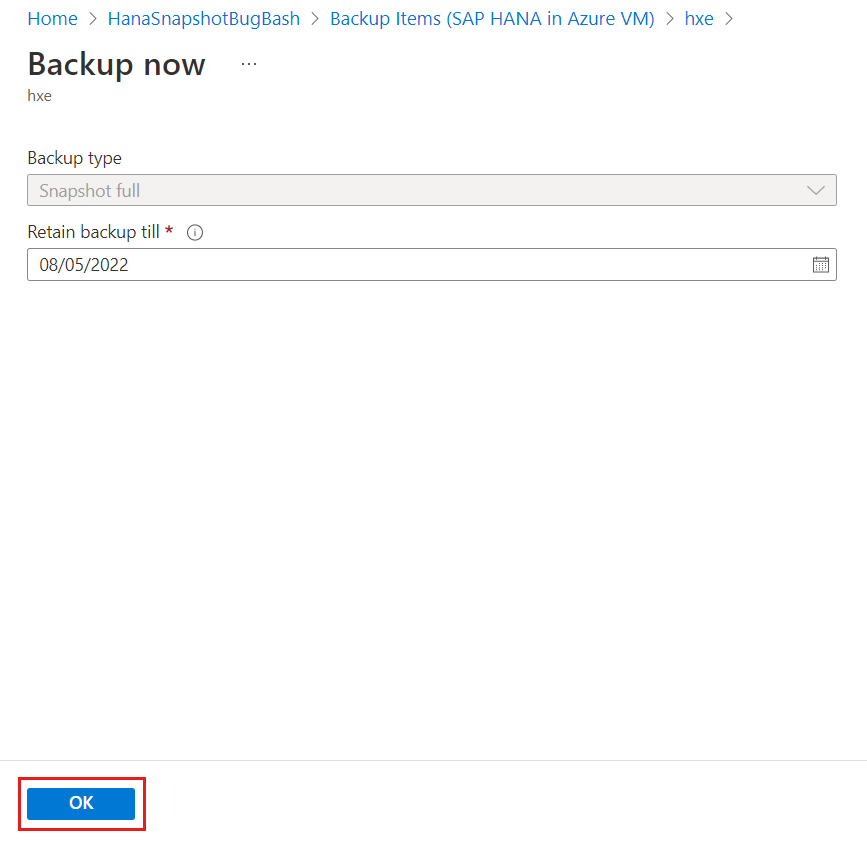 Screenshot che mostra come attivare il backup dell'istanza di snapshot del database HANA.