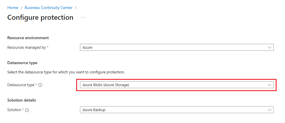 Screenshot che mostra come avviare la configurazione del backup di BLOB con insieme di credenziali.