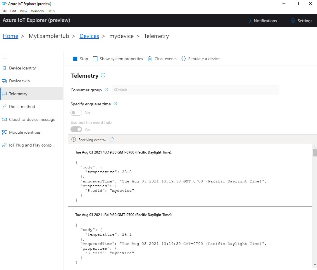 Screenshot dei dati di telemetria dei dispositivi in IoT Explorer