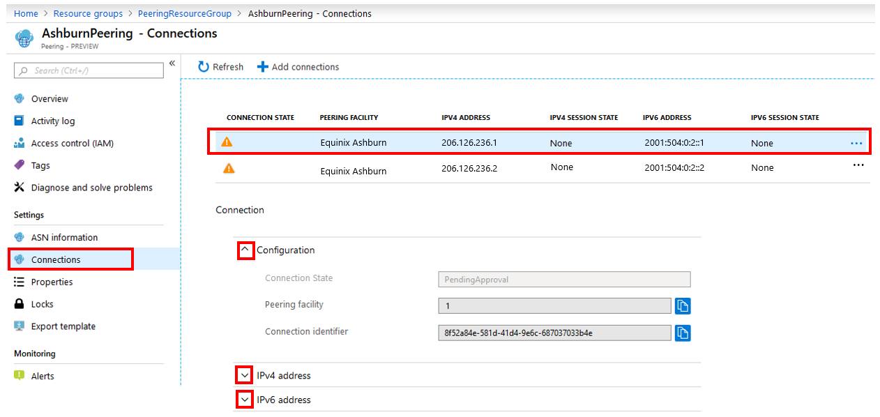 Connessioni alle risorse di peering