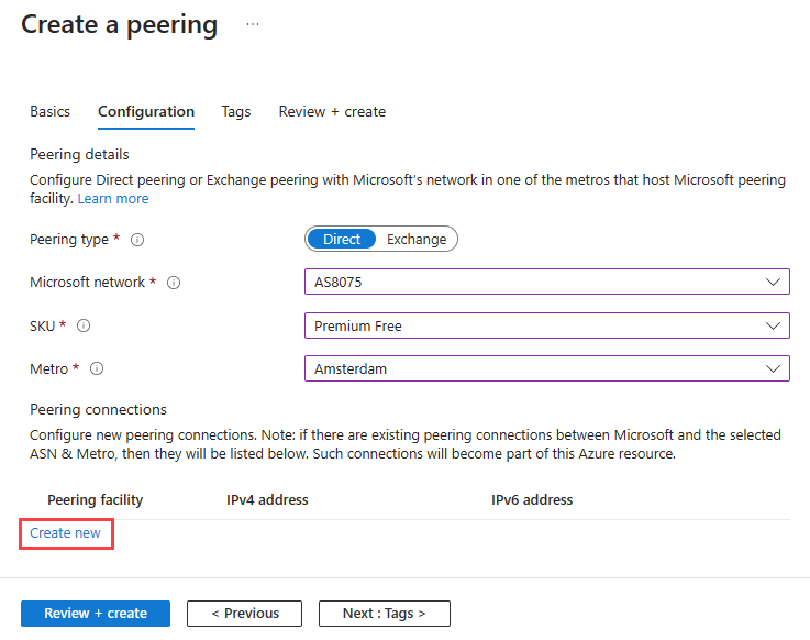 Screenshot che mostra la scheda Configurazione della creazione di un peering nella portale di Azure.