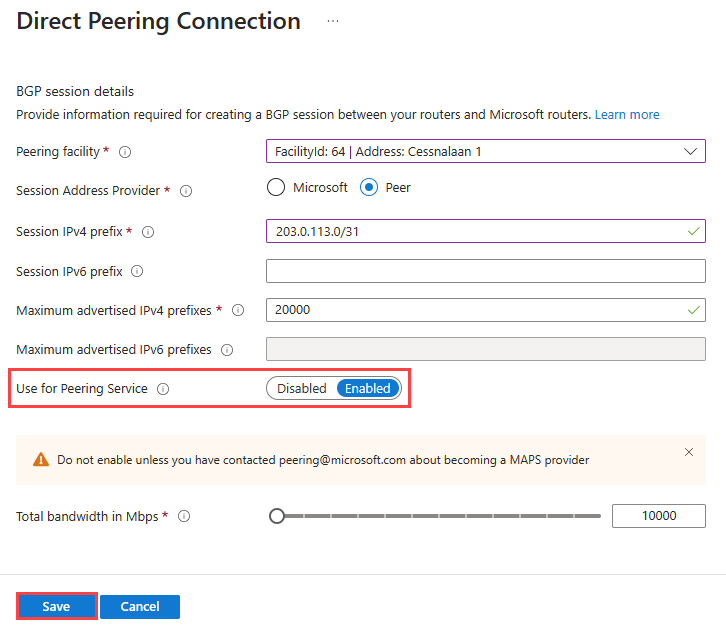 Screenshot che mostra la creazione di una connessione di peering diretto.