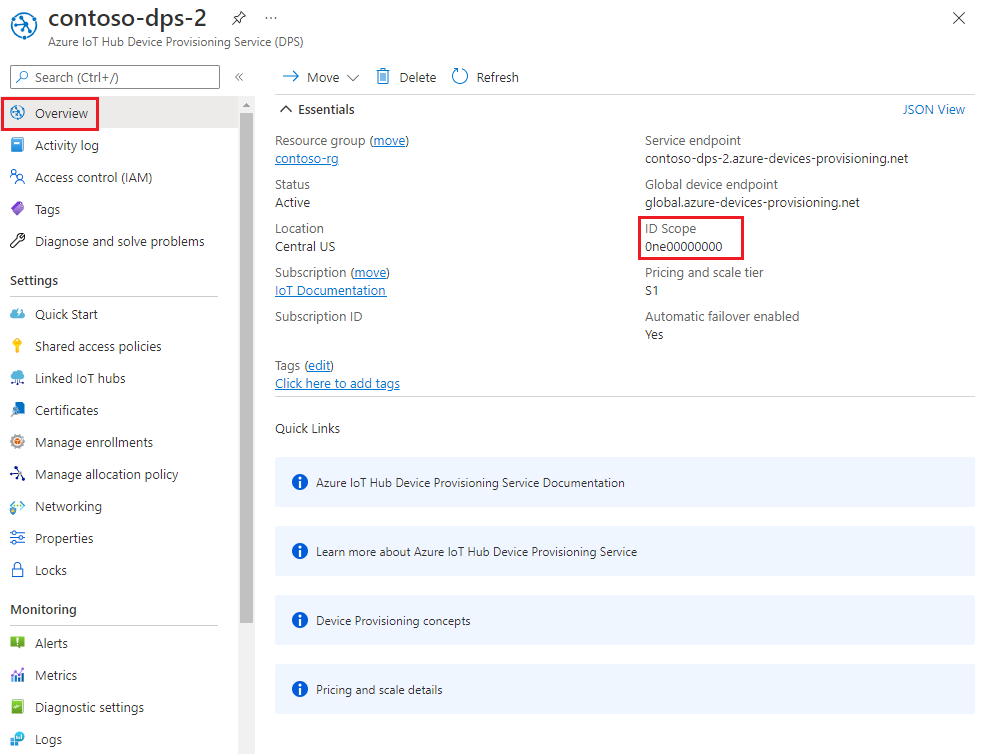 Screenshot che mostra la copia dell'ambito ID dal riquadro di panoramica del servizio Device Provisioning.