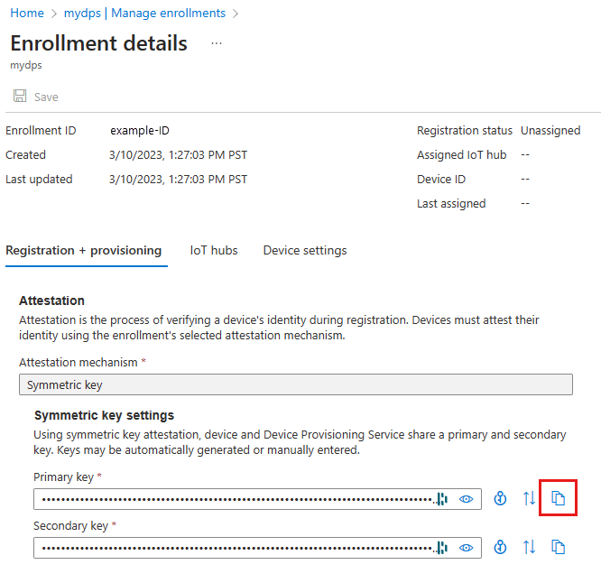 Screenshot che mostra i dettagli della registrazione, evidenziando il pulsante Copia per la chiave primaria della registrazione del dispositivo