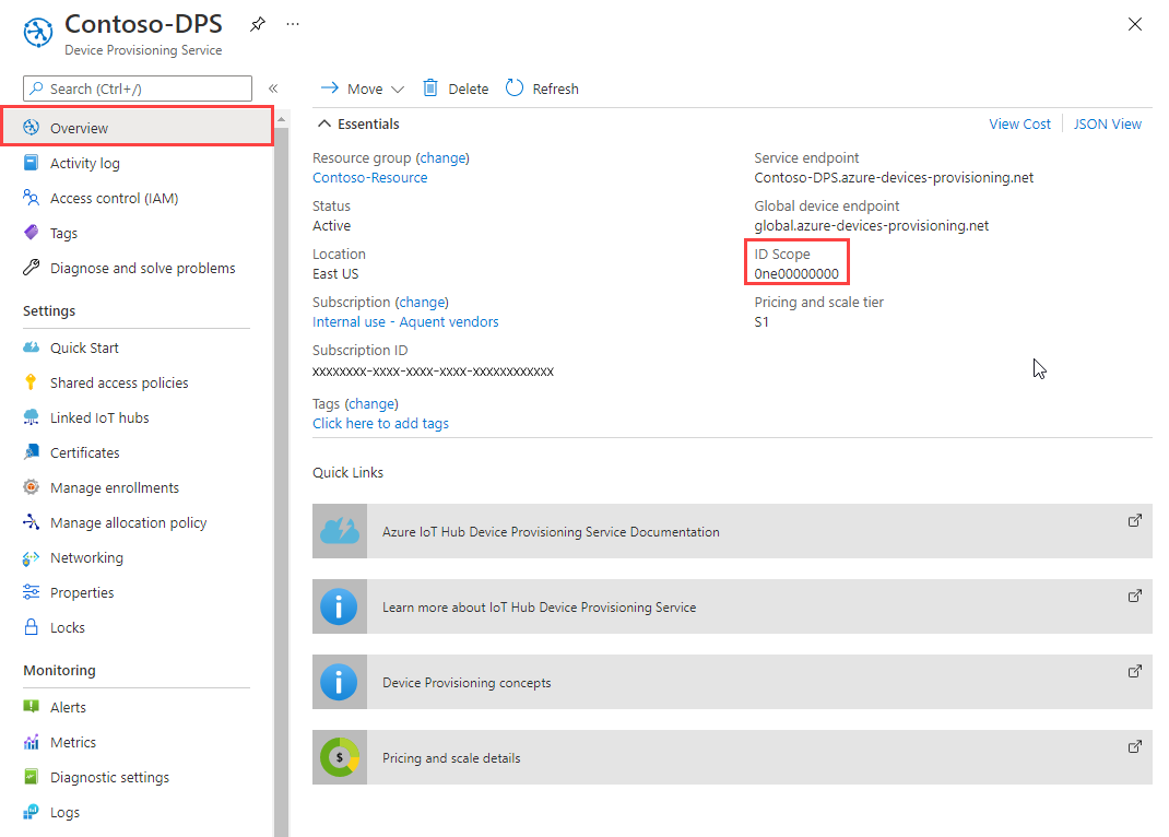 Screenshot che mostra la panoramica dell'istanza del servizio Device Provisioning, evidenziando il valore ambito ID per l'istanza.