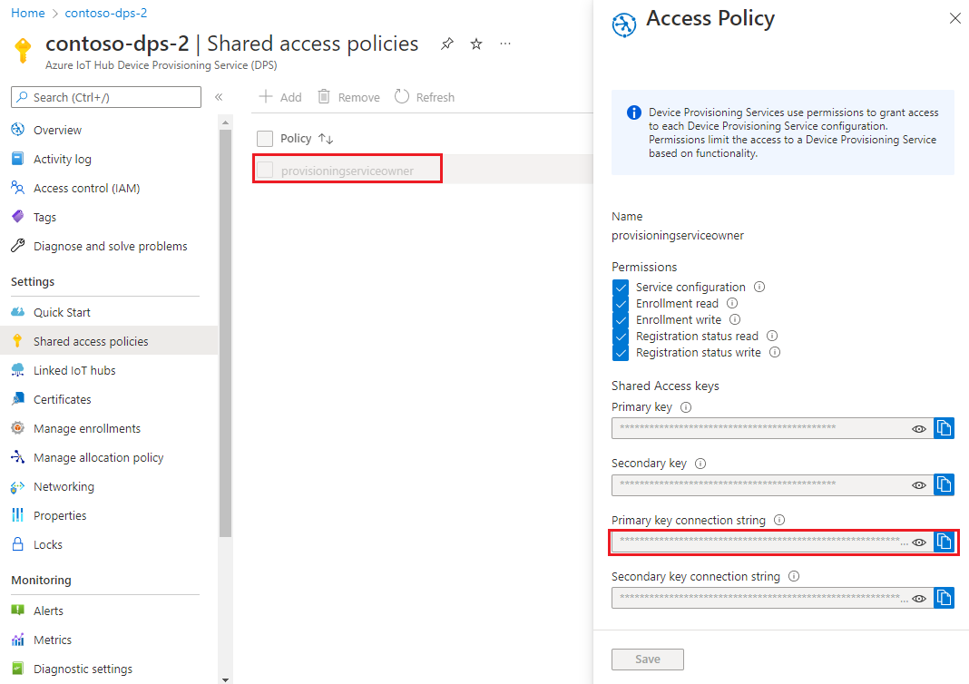 Screenshot che mostra il percorso del servizio di provisioning stringa di connessione nel portale.