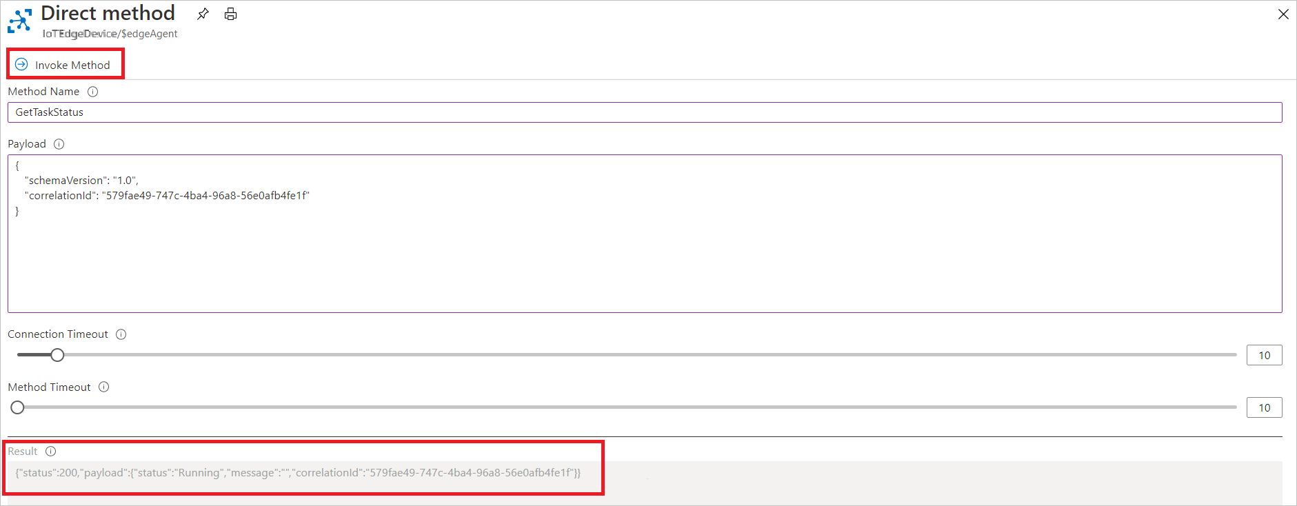 Screenshot che mostra come richiamare il metodo diretto GetTaskStatus in portale di Azure.