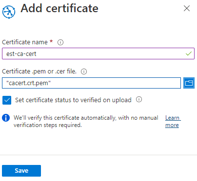 Screenshot che aggiunge un certificato CA al servizio Device Provisioning usando il portale di Azure.