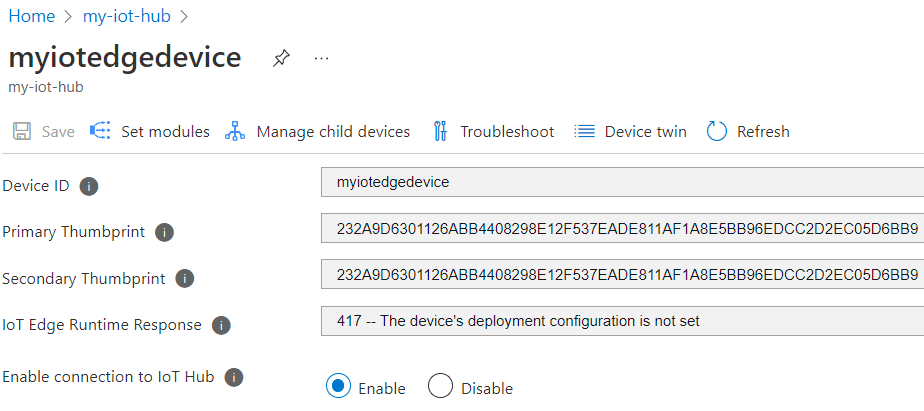 Screenshot delle impostazioni dei dispositivi dell'hub IoT nel portale di Azure. I campi delle identificazioni personali dei certificati mostrano valori nuovi.