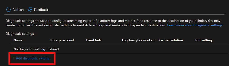 Screenshot che mostra come aggiungere un'impostazione di diagnostica nell'hub IoT nel portale di Azure.