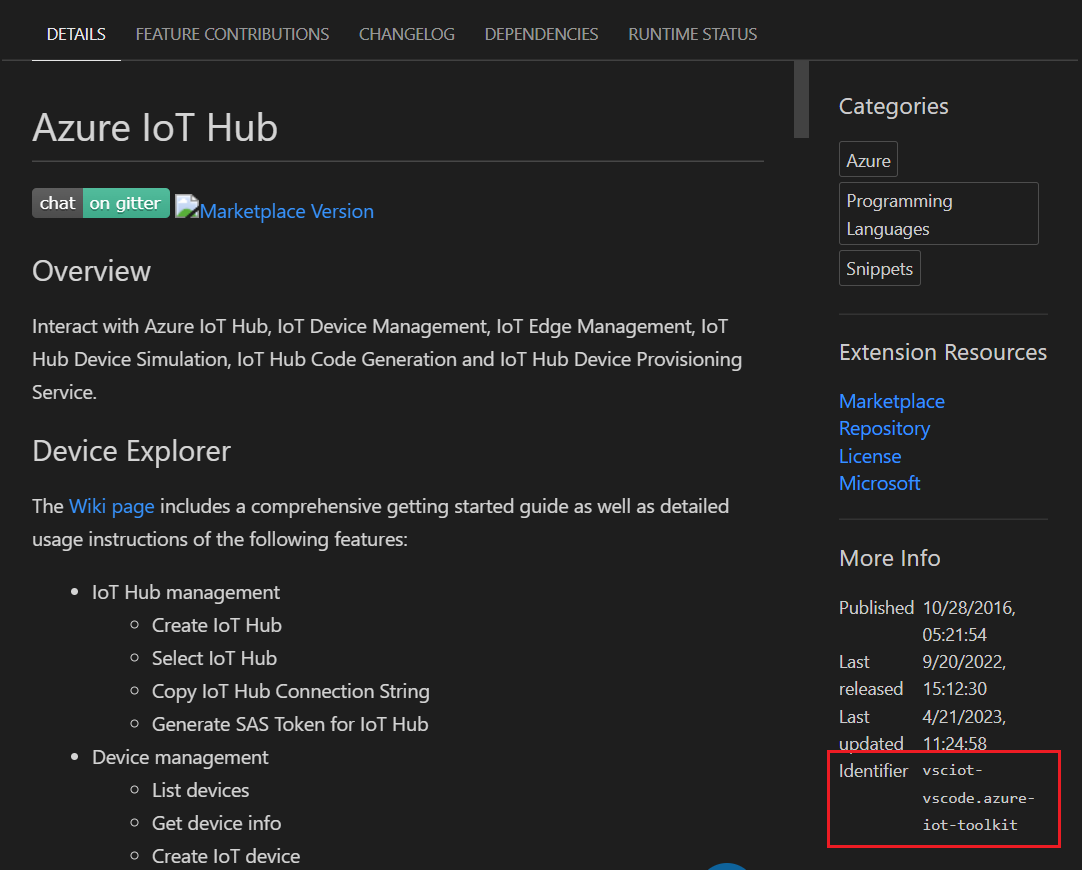 Screenshot che mostra l'identificatore di estensione per l'estensione hub IoT di Azure dalla pagina dei dettagli dell'estensione.