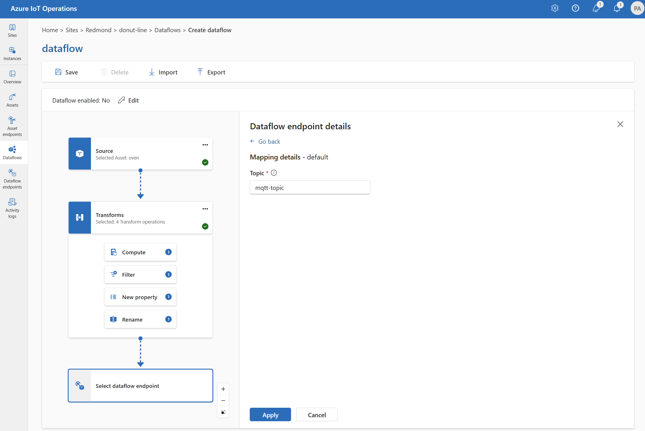 Screenshot che mostra l'esperienza operativa che richiede all'utente di immettere un argomento MQTT in base al tipo di endpoint.