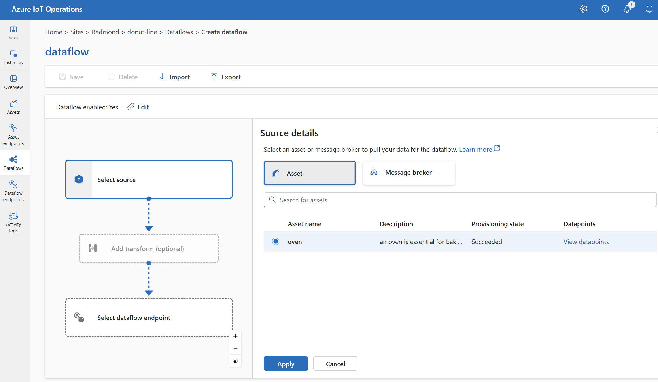 Screenshot che usa l'esperienza operativa per selezionare un asset come endpoint di origine.