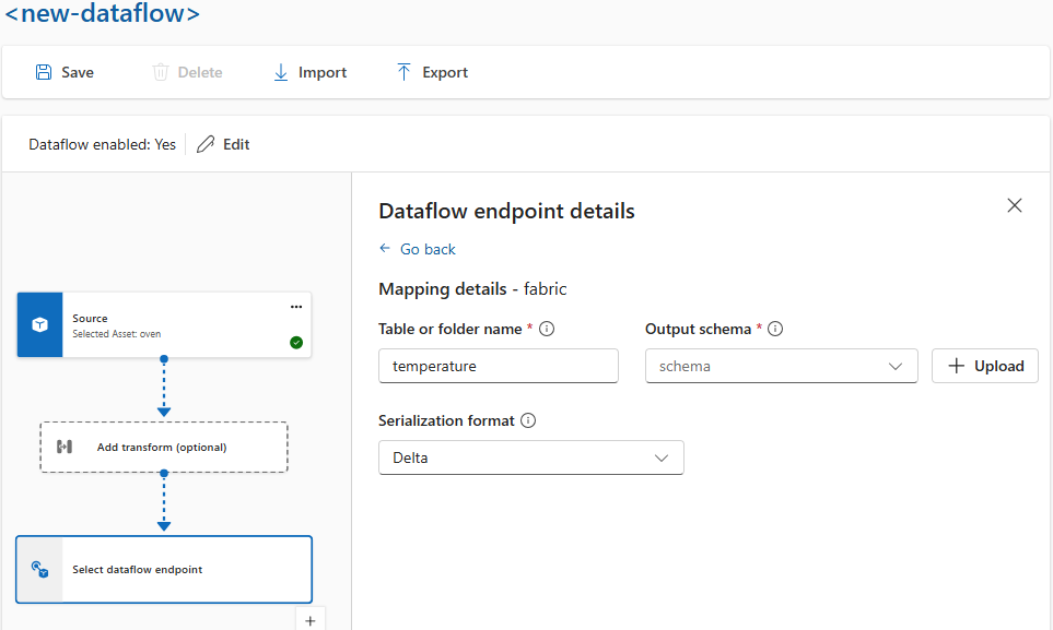 Screenshot che usa l'esperienza operativa per impostare la serializzazione dell'endpoint di destinazione del flusso di dati.