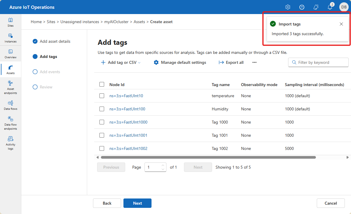 Screenshot che mostra l'importazione dal file di Excel nell'esperienza operativa completata.