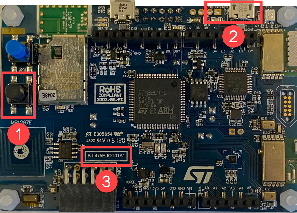 Foto che mostra i componenti chiave nella scheda STM DevKit.