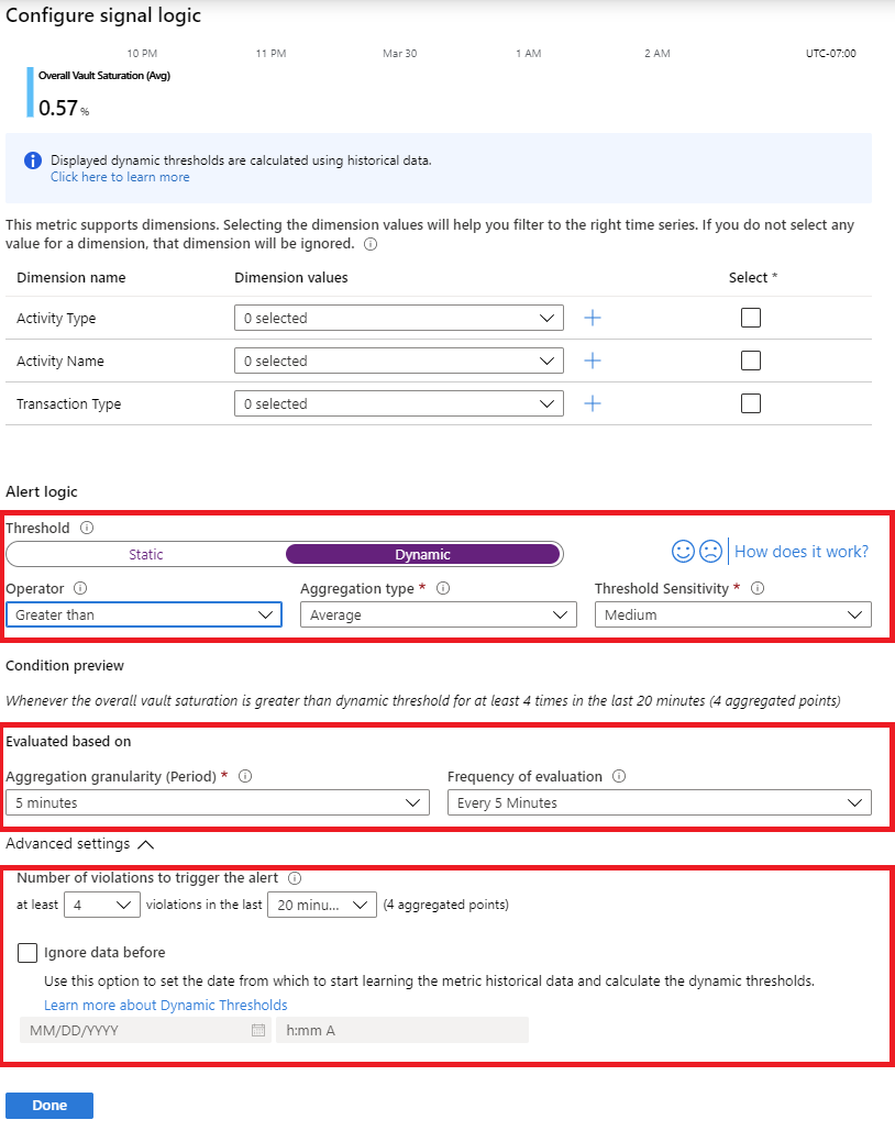 Screenshot that shows the configured logic for a dynamic alert threshold.