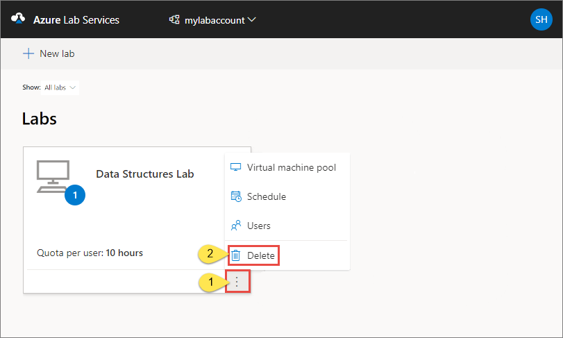 Screenshot che mostra l'elenco dei lab nel sito Web di Azure Lab Services, con il pulsante Elimina evidenziato.