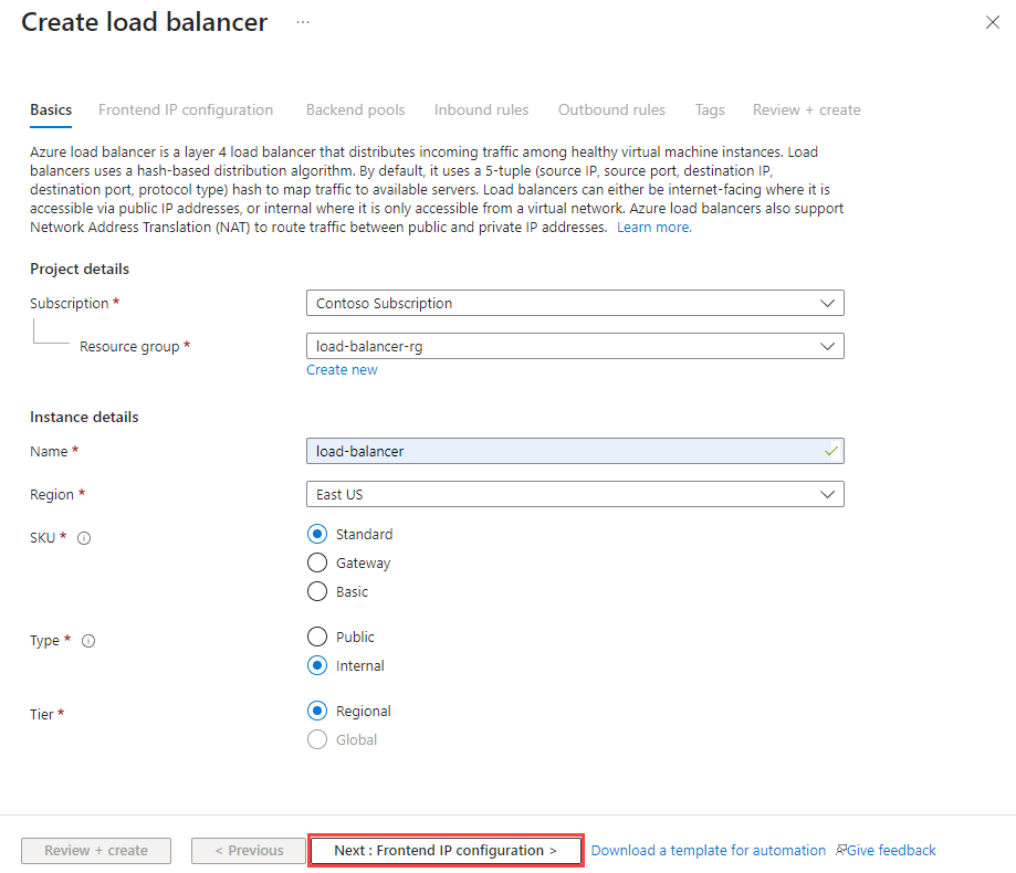 Screenshot della creazione della scheda Dati principali di Load Balancer Standard.