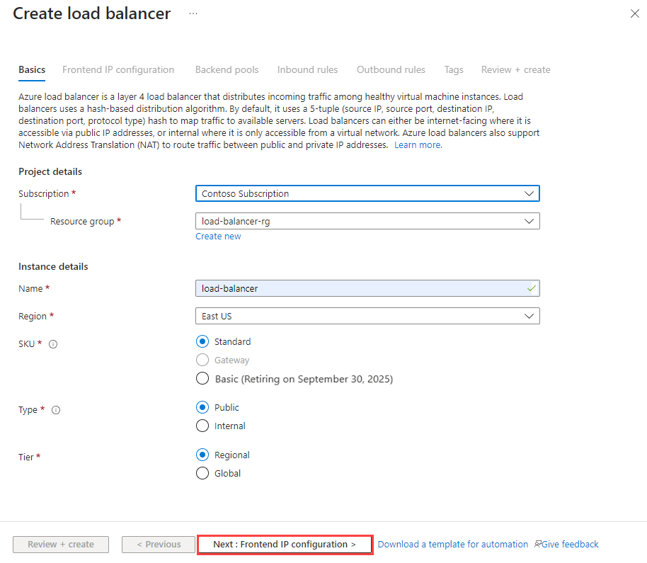 Screenshot della scheda Dati principali di Load Balancer Standard.