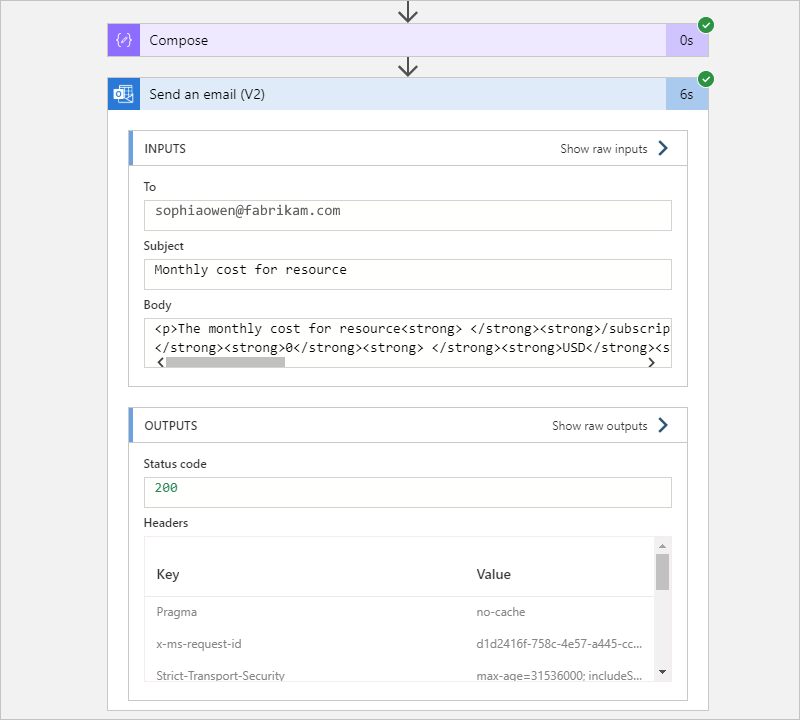 Screenshot che mostra un'azione espansa, gli input e gli output.