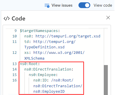 Screenshot che mostra la visualizzazione codice con mapping diretto tra EmployeeID e ID nello schema di origine e di destinazione, rispettivamente.