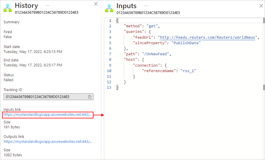 Screenshot che mostra gli input dei trigger del flusso di lavoro dell'app per la logica standard.