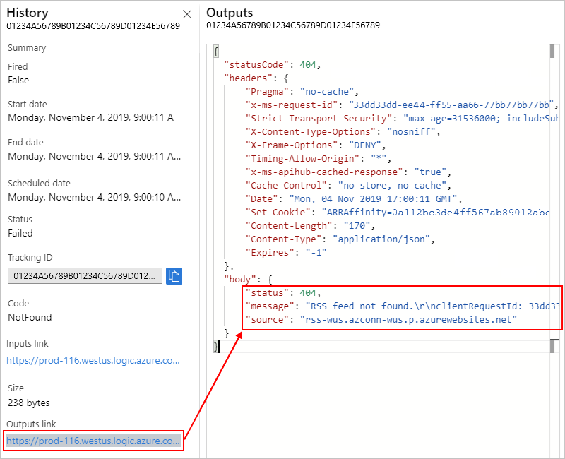 Screenshot che mostra gli output dei trigger del flusso di lavoro dell'app per la logica a consumo.