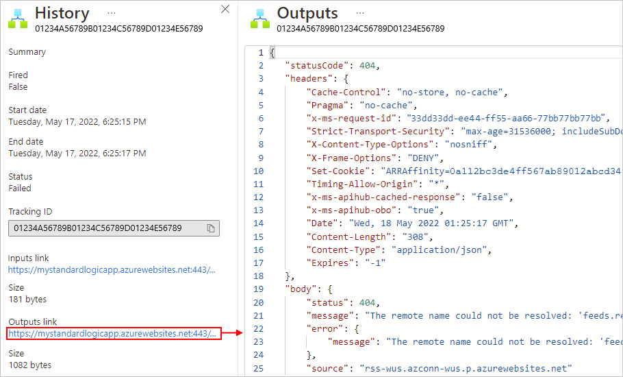 Screenshot che mostra gli output dei trigger del flusso di lavoro dell'app per la logica standard.