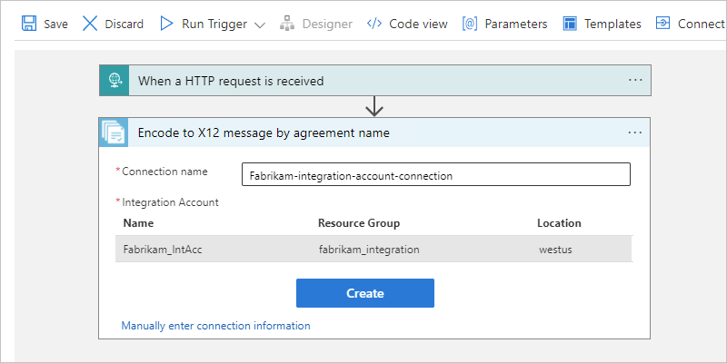 Screenshot che mostra il flusso di lavoro A consumo e le informazioni di connessione per l'azione denominata Codifica messaggio X12 in base al nome dell'accordo.