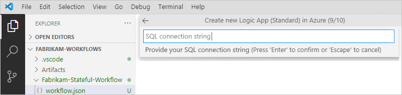 Screenshot che mostra il prompt delle stringhe di connessione di Visual Studio Code e SQL.