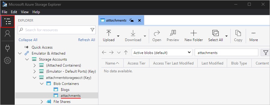 Screenshot che mostra Storage Explorer - trovare il contenitore di archiviazione.