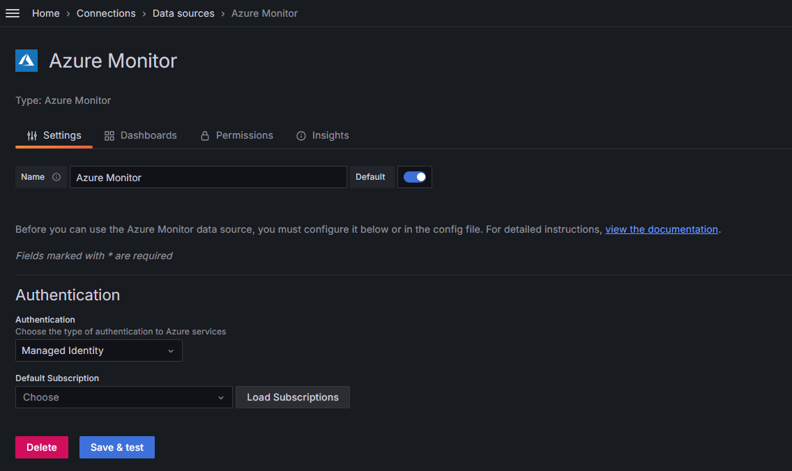 Screenshot dell'area di lavoro Grafana gestita: Caricare le sottoscrizioni.