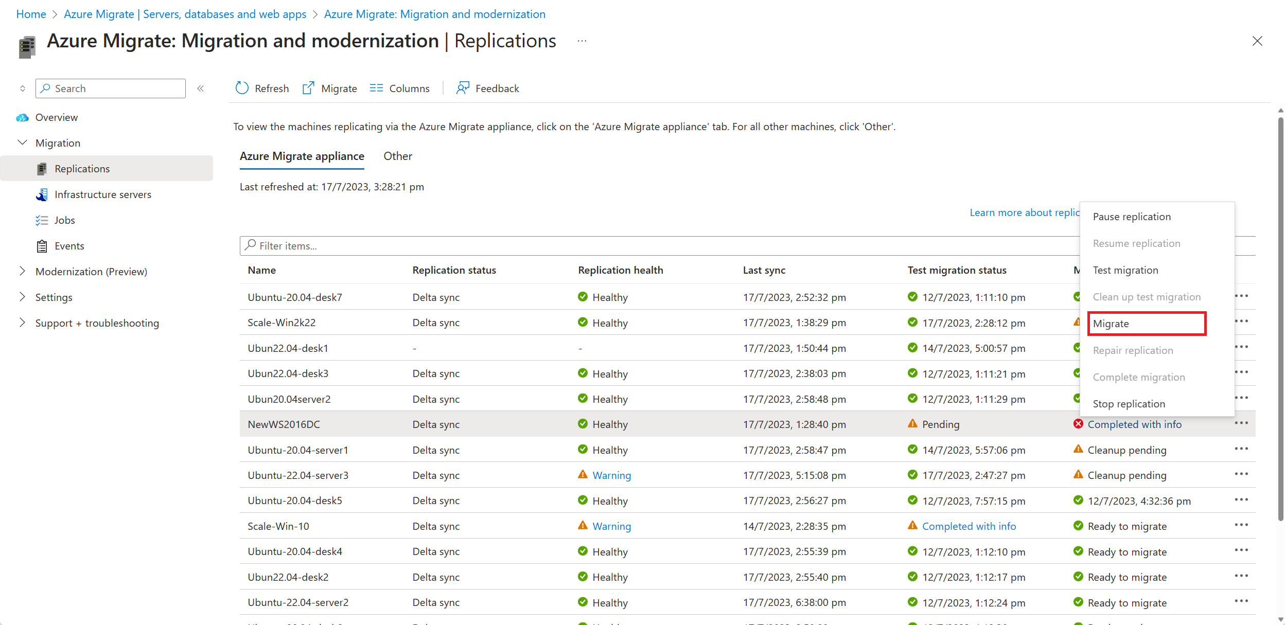 Screenshot che mostra l'opzione Esegui migrazione.