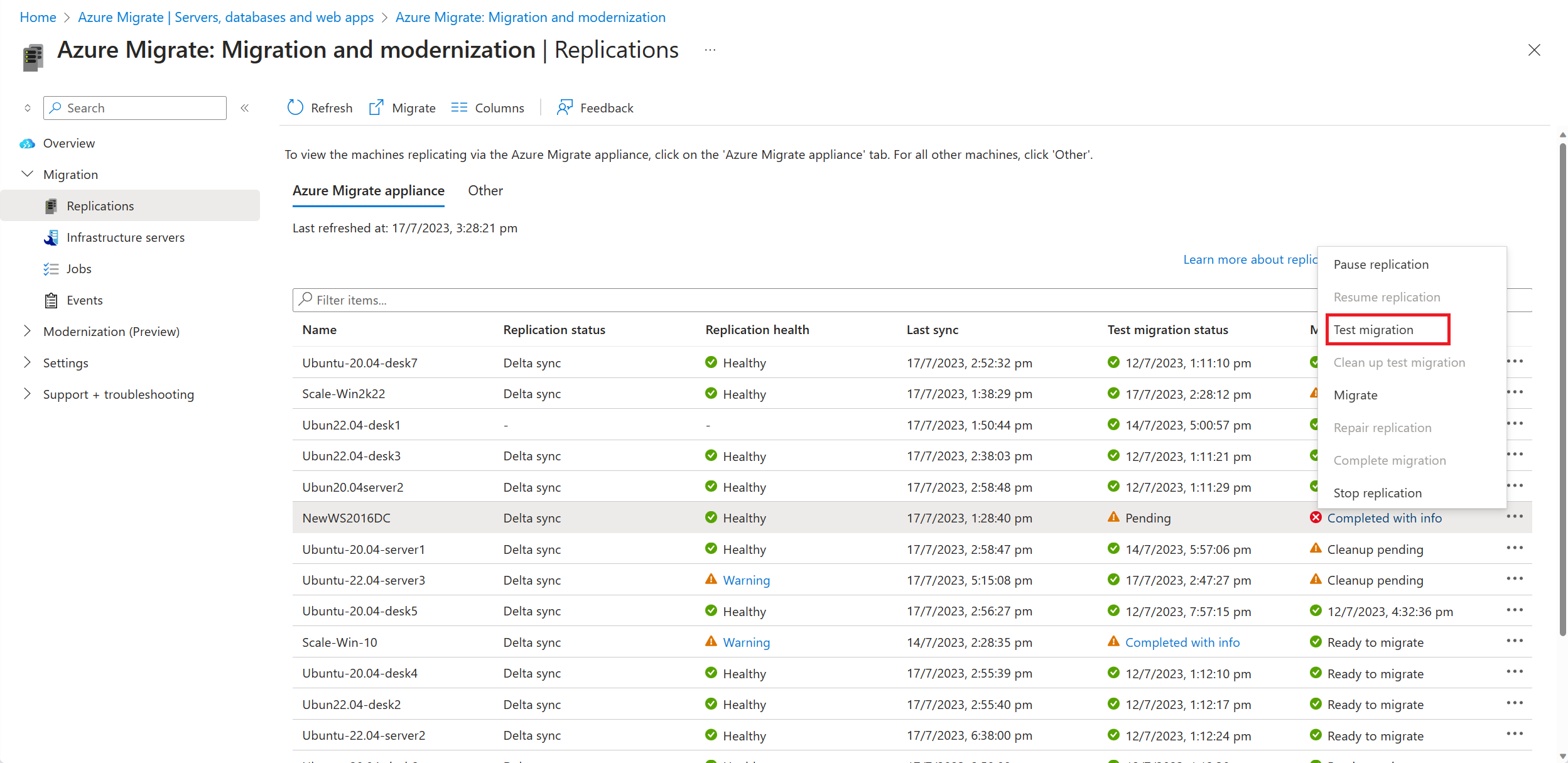 Screenshot che mostra l'opzione Test Migrate .