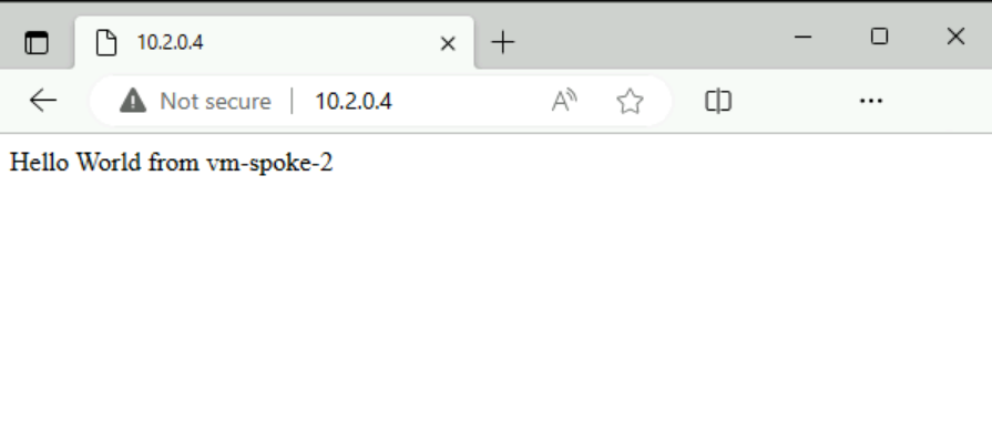 Screenshot della pagina IIS predefinita in vm-spoke-1.