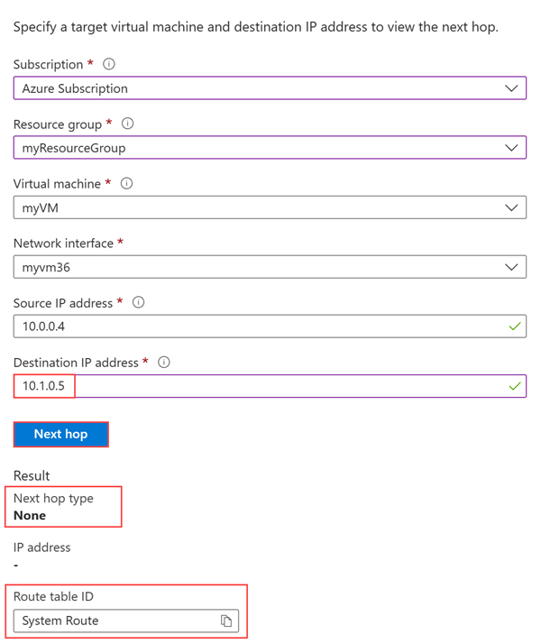 Screenshot che mostra il risultato dell'hop successivo di Network Watcher durante il test con un indirizzo IP privato all'esterno dello spazio indirizzi della rete virtuale.